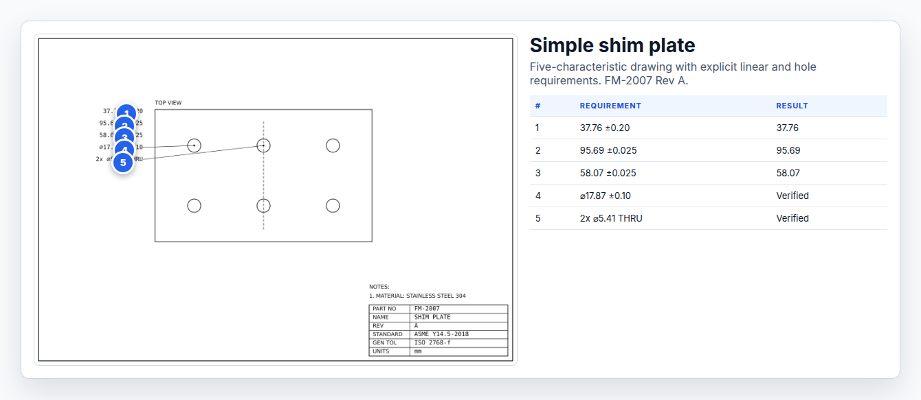 Ballooned drawing example for a simple shim plate paired with AS9102 Form 3 rows