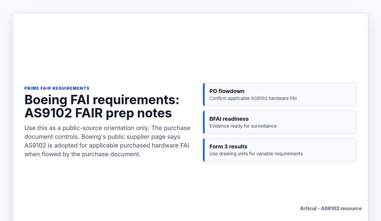 Boeing FAI requirement preparation checklist for AS9102 FAIR packages