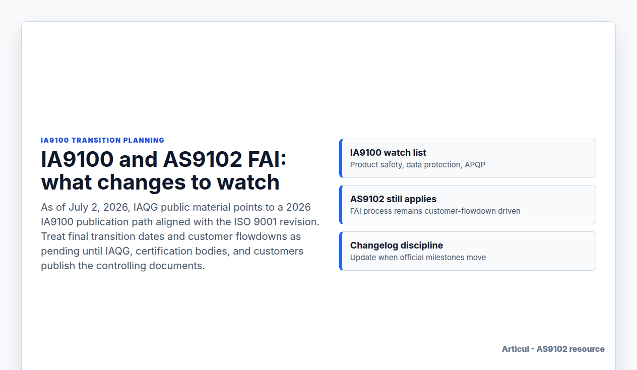 IA9100 transition topics mapped to AS9102 FAI preparation
