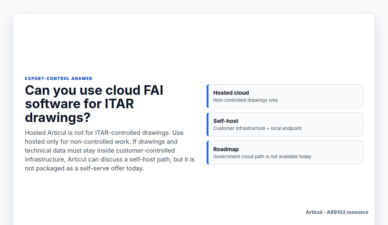 Hosted cloud, government cloud, and self-host FAI deployment paths for ITAR drawings
